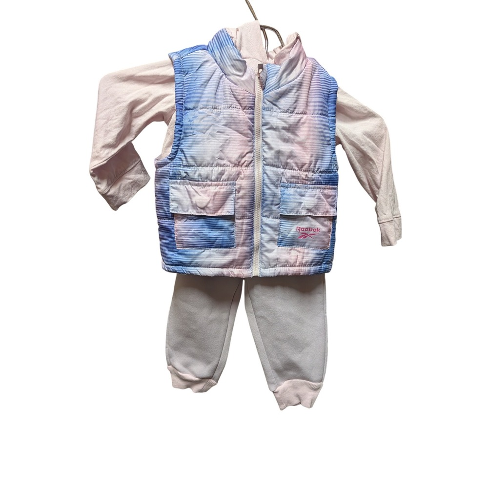 Reebok 3-Piece Tracksuit Set Girls 2T Pink Blue Excellent Tie Dye Puffer Vest